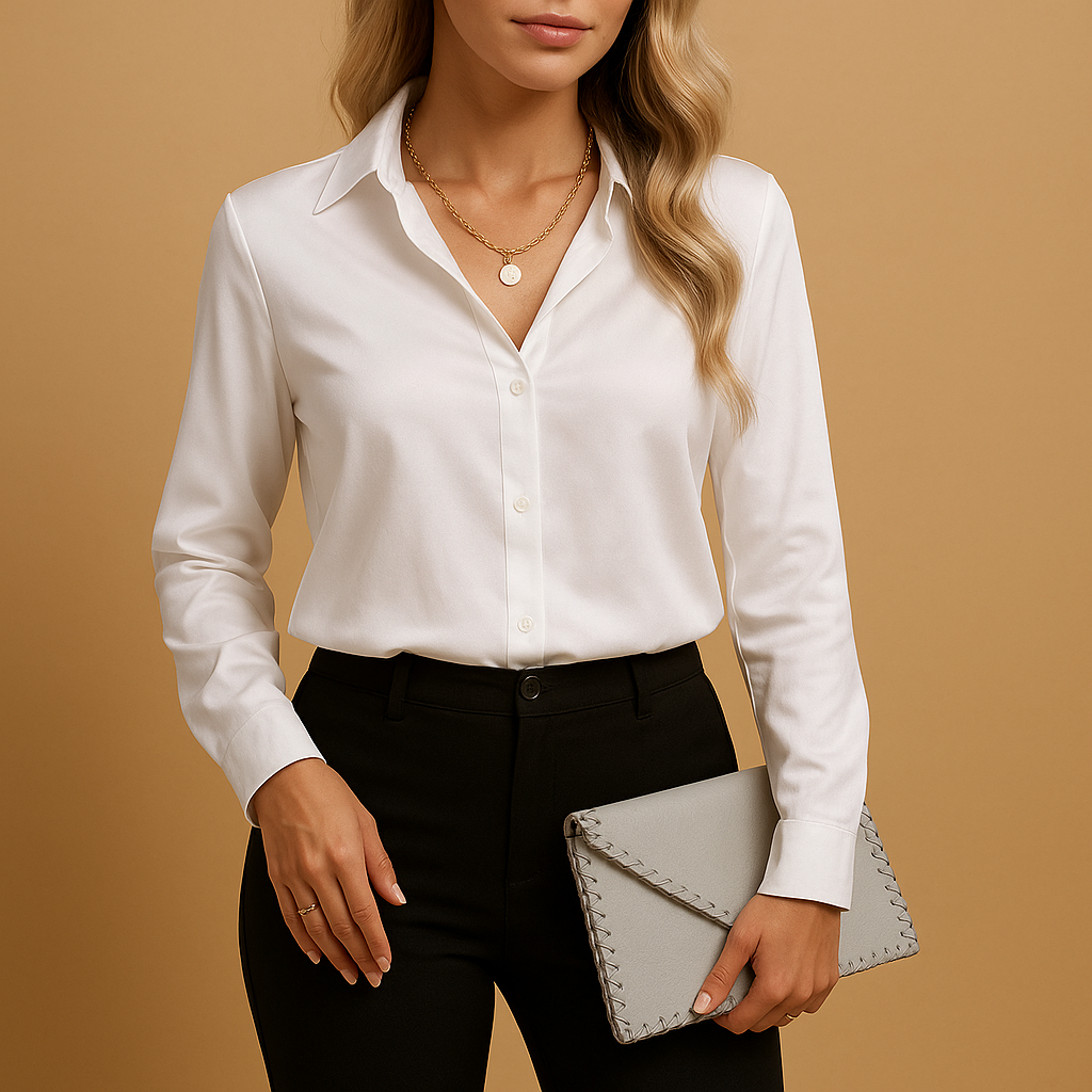 Timeless lightweight blouse for women with a classic collar and relaxed tailored fit, perfect for work or casual everyday wear.