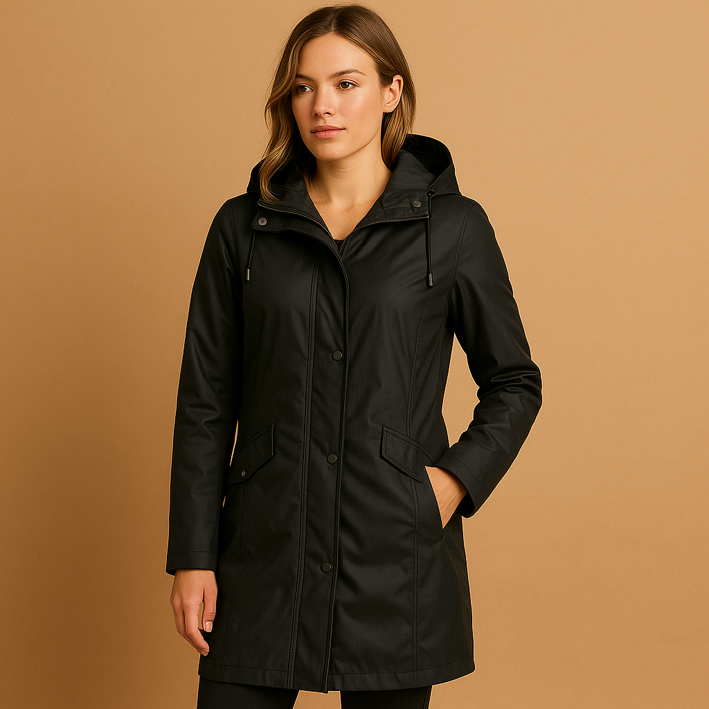 Transparent raincoat for women with adjustable hood and button closure, designed to stay stylish and dry in any weather.