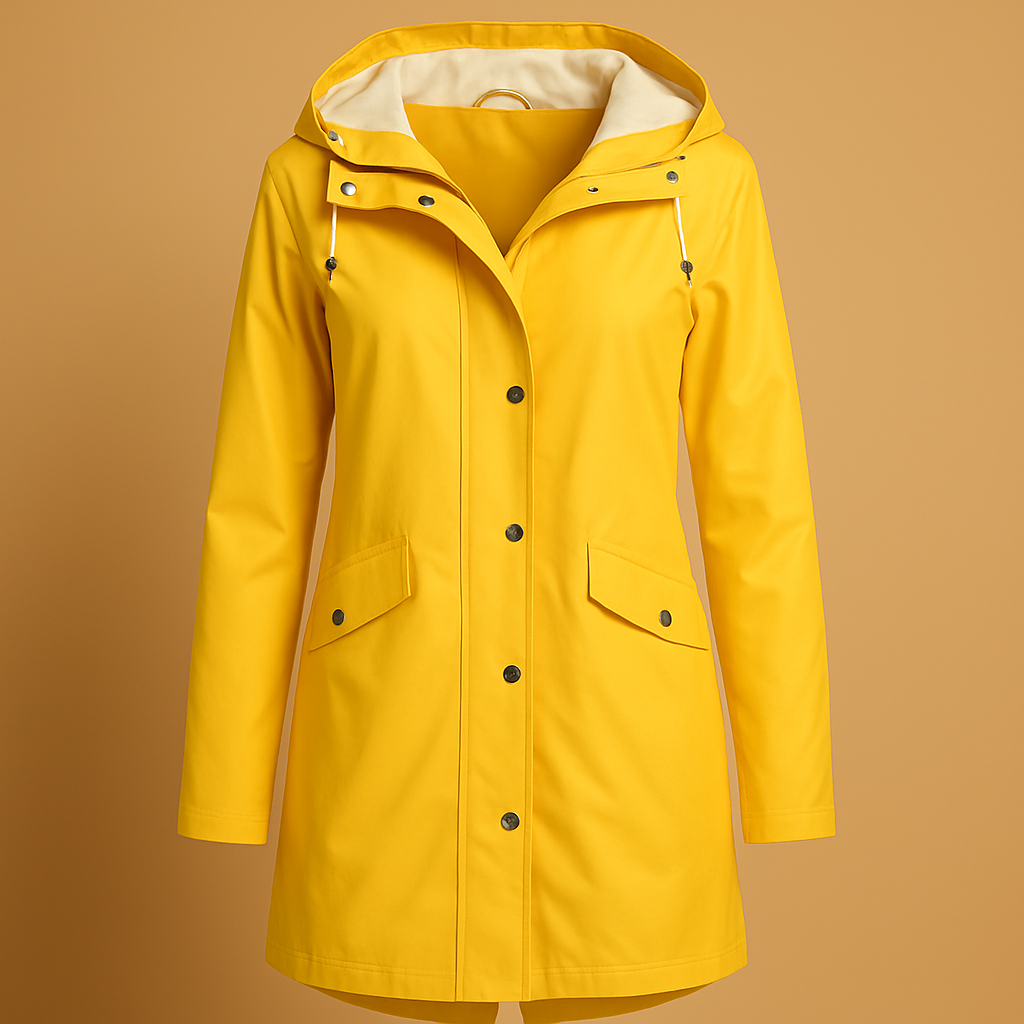 Transparent raincoat with hood for women featuring a sleek silhouette and lightweight breathable design, perfect for rainy days.