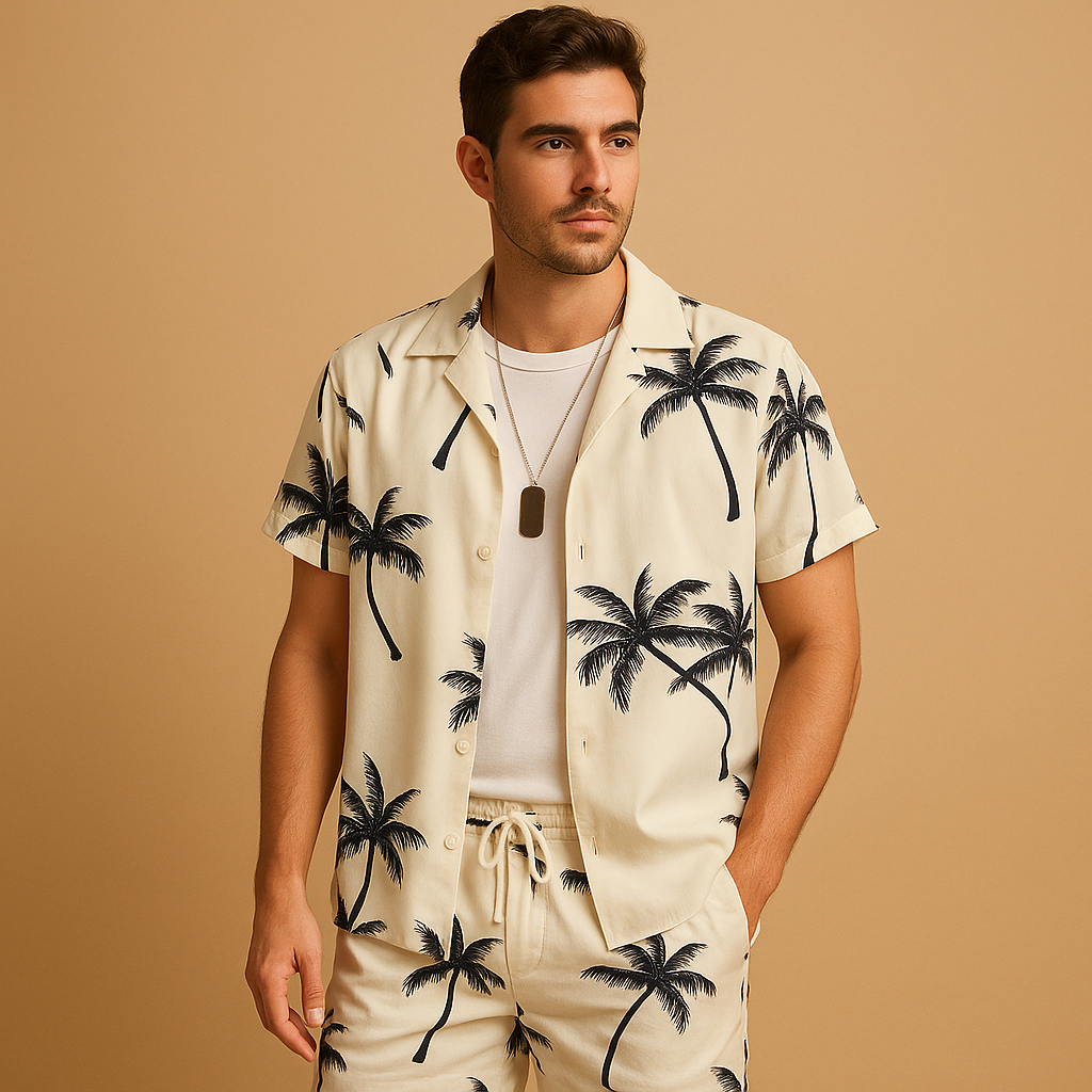 Tropical summer set for men with palm and feather print shirt and shorts, ideal for beach days, vacations, or relaxed summer outings.