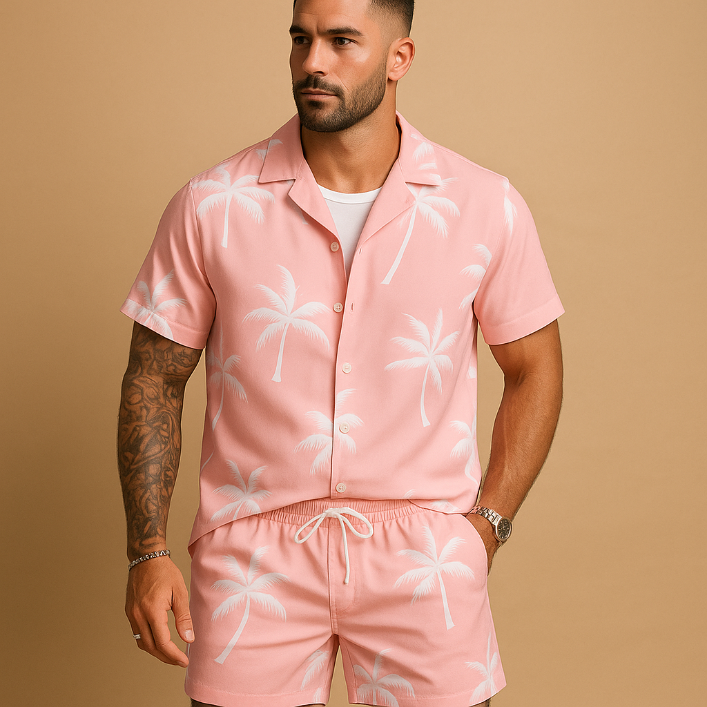 Tropical summer set for men with palm and feather print shirt and shorts, ideal for beach days, vacations, or relaxed summer outings.