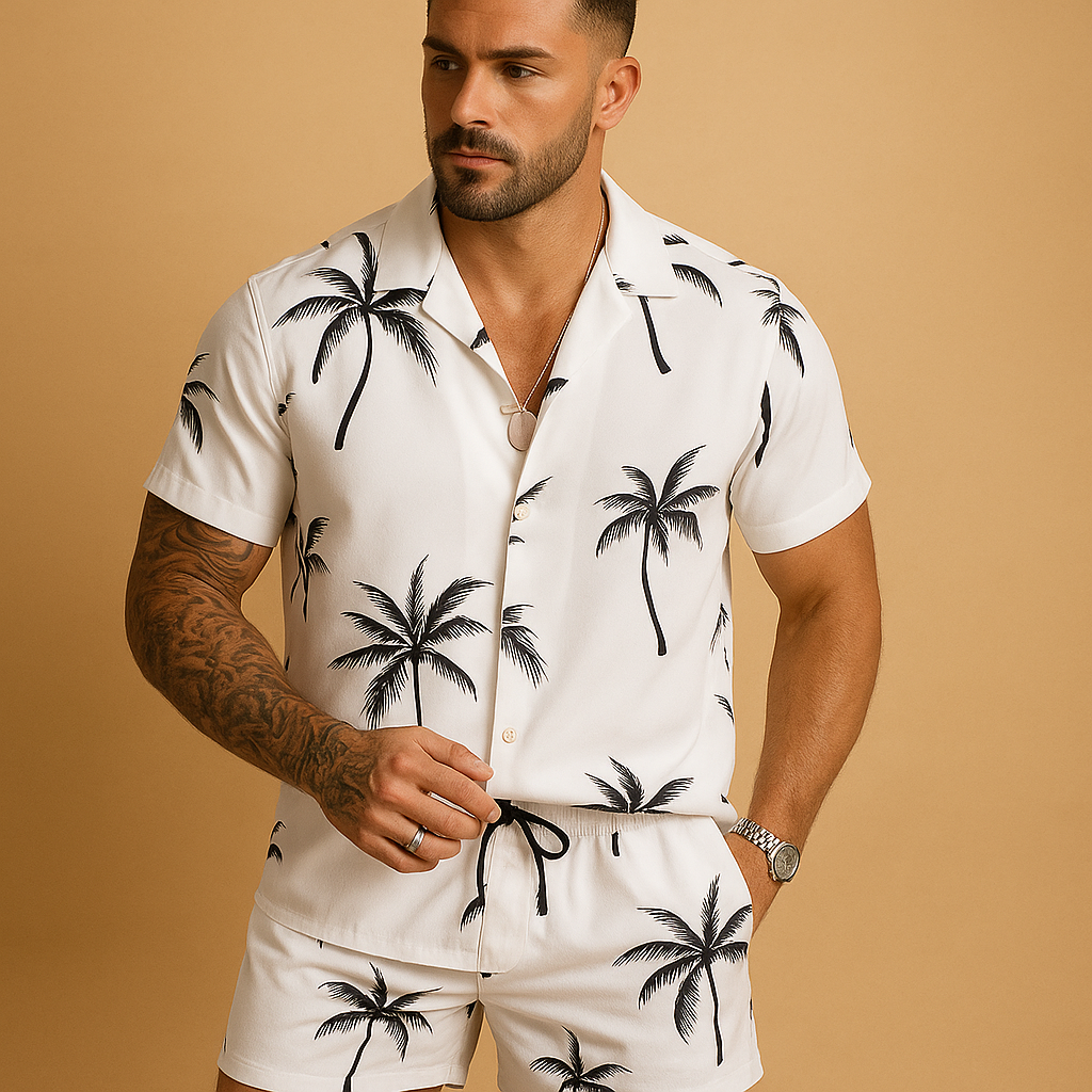 Tropical summer set for men with palm and feather print shirt and shorts, ideal for beach days, vacations, or relaxed summer outings.