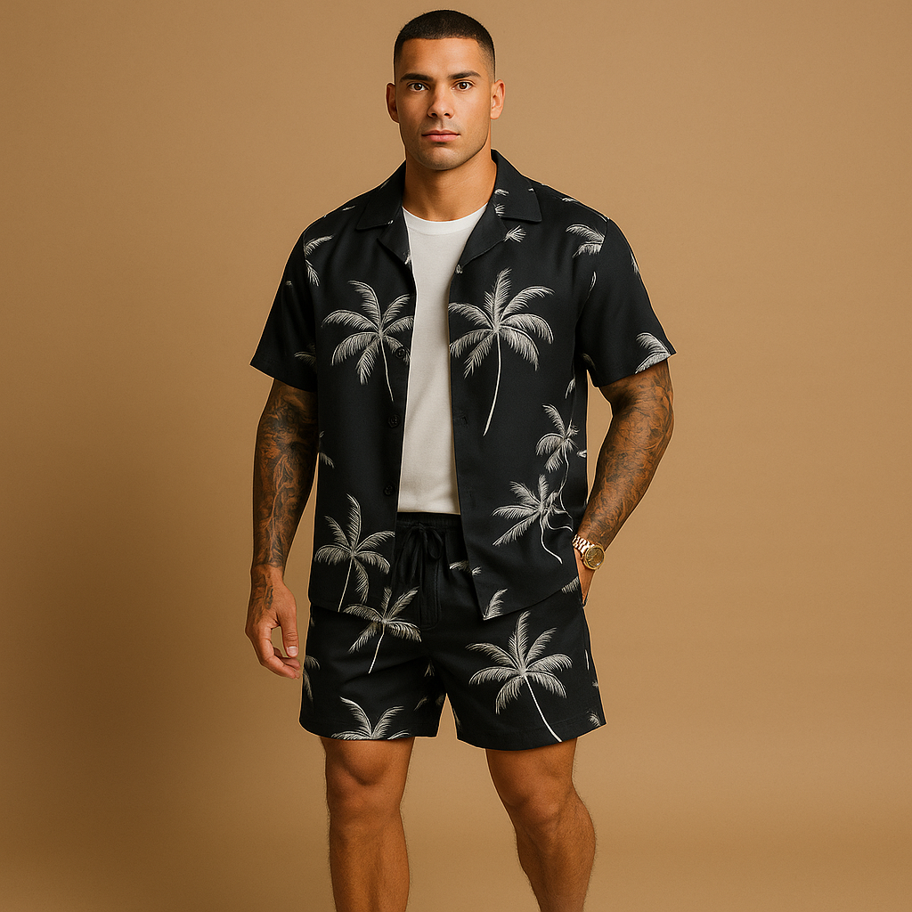 Tropical summer set for men with palm and feather print shirt and shorts, ideal for beach days, vacations, or relaxed summer outings.