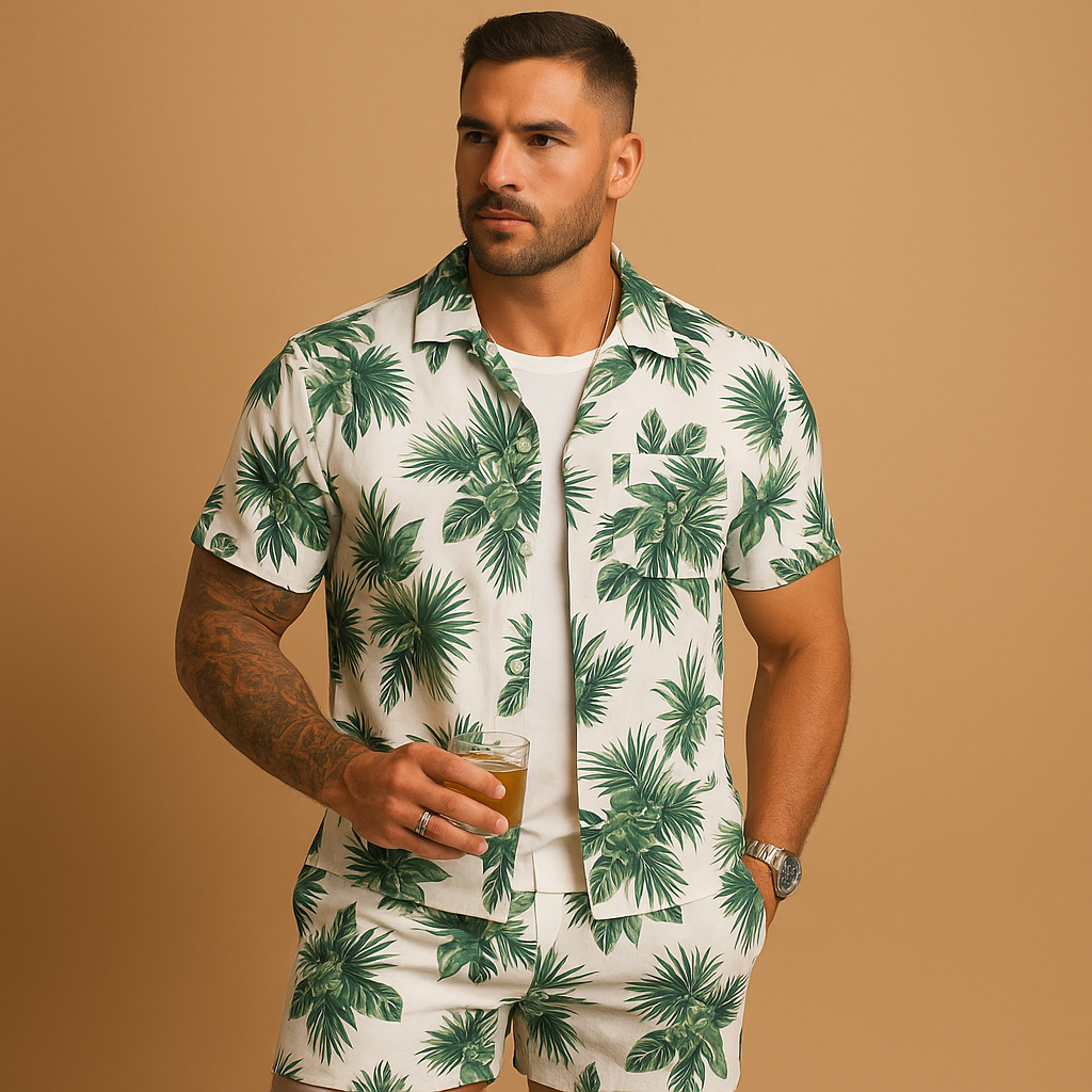 Tropical summer set for men with palm and feather print shirt and shorts, ideal for beach days, vacations, or relaxed summer outings.
