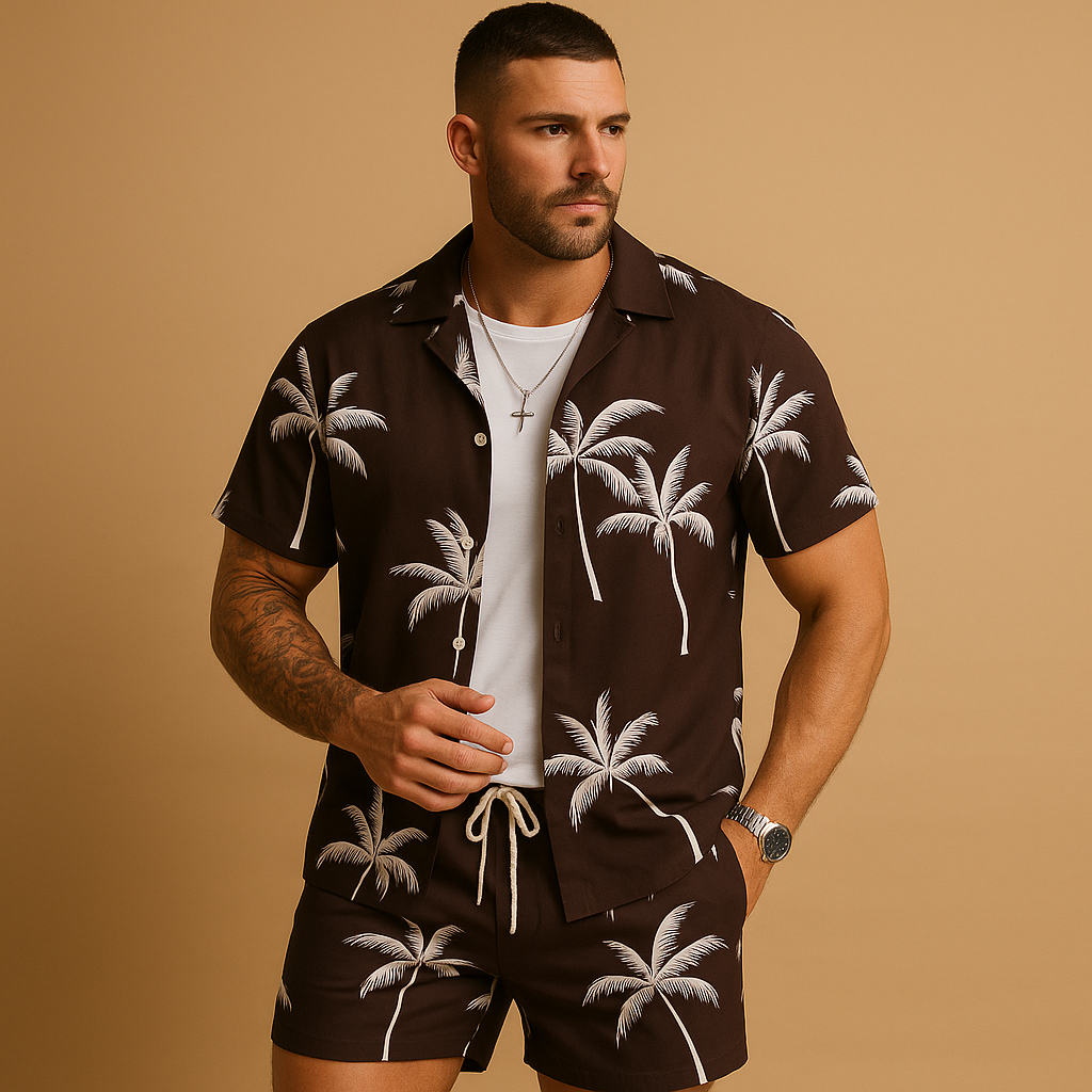 Tropical summer set for men with palm and feather print shirt and shorts, ideal for beach days, vacations, or relaxed summer outings.