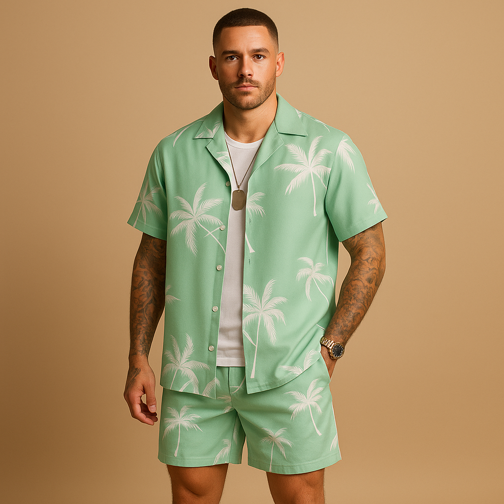 Tropical summer set for men with palm and feather print shirt and shorts, ideal for beach days, vacations, or relaxed summer outings.