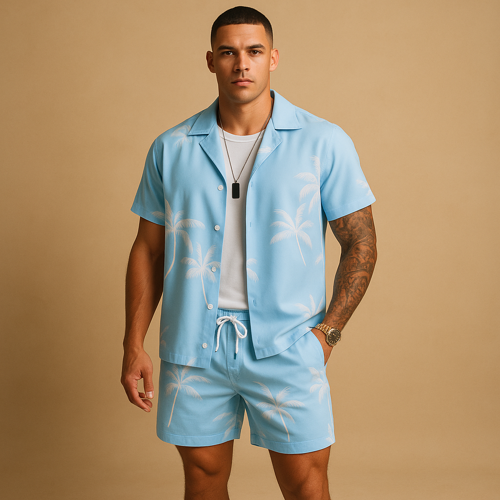 Tropical summer set for men with palm and feather print shirt and shorts, ideal for beach days, vacations, or relaxed summer outings.