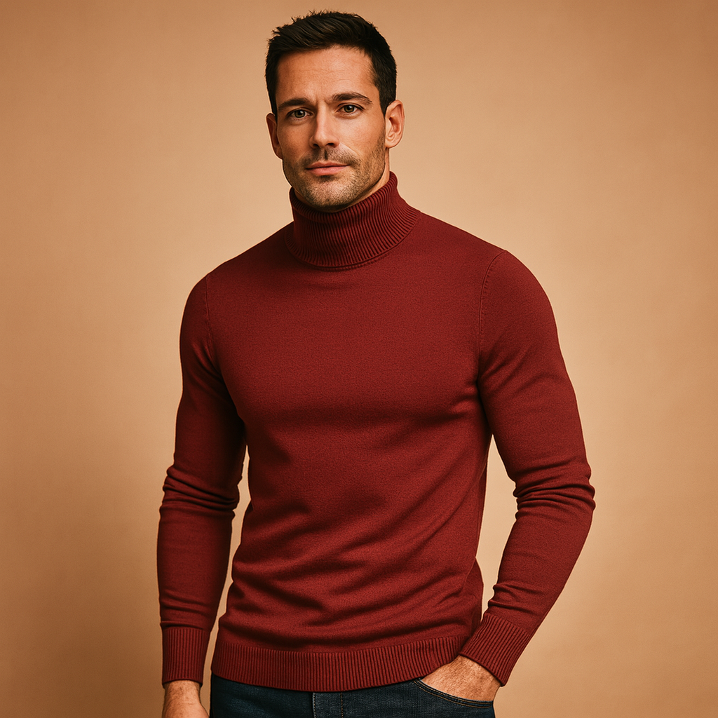 Men’s turtleneck sweater in slim fit with soft fabric, ideal for casual, work, and formal outfits during autumn and winter.