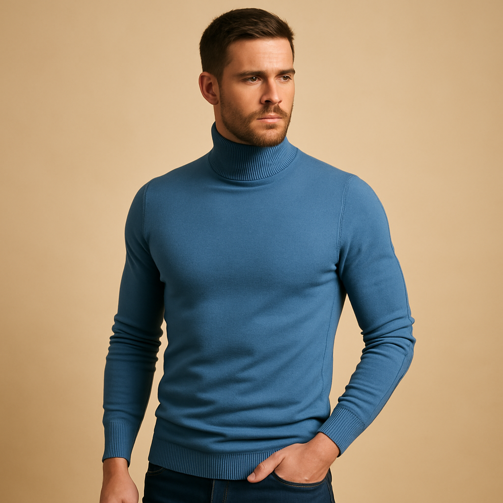 Men’s turtleneck sweater in slim fit with soft fabric, ideal for casual, work, and formal outfits during autumn and winter.