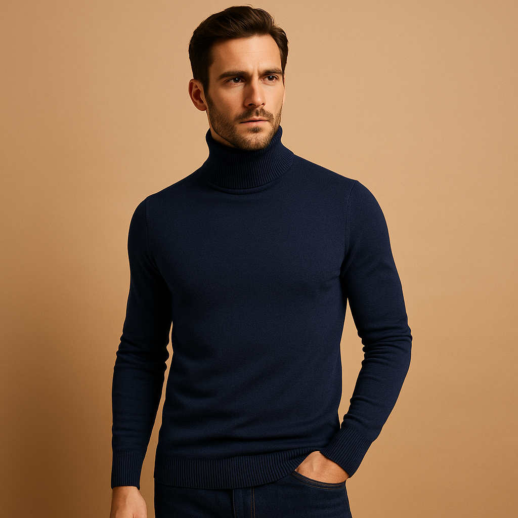Men’s turtleneck sweater in slim fit with soft fabric, ideal for casual, work, and formal outfits during autumn and winter.