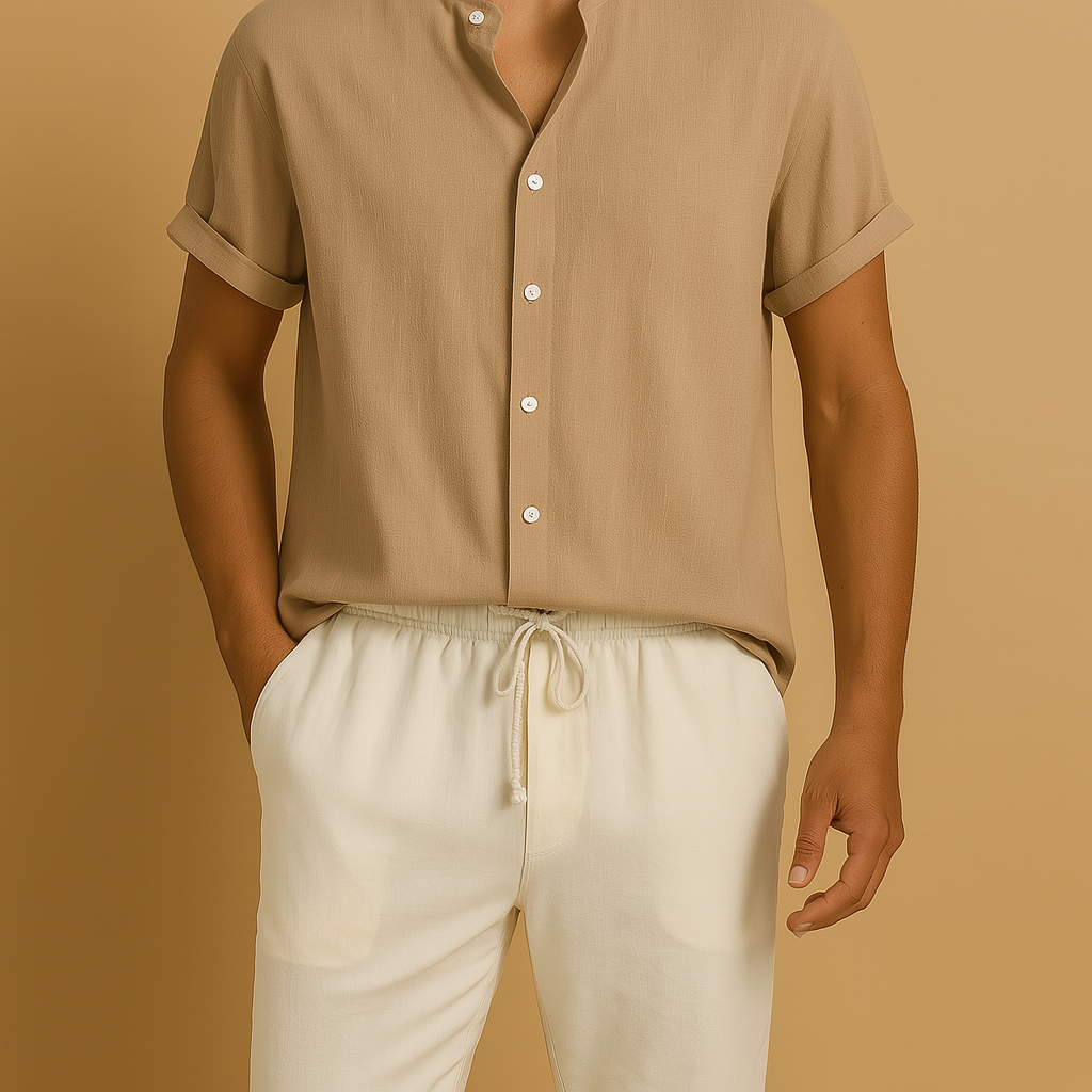 Two-piece summer outfit set for men in breathable fabric, ideal for casual outings, holidays, or semi-formal summer occasions.