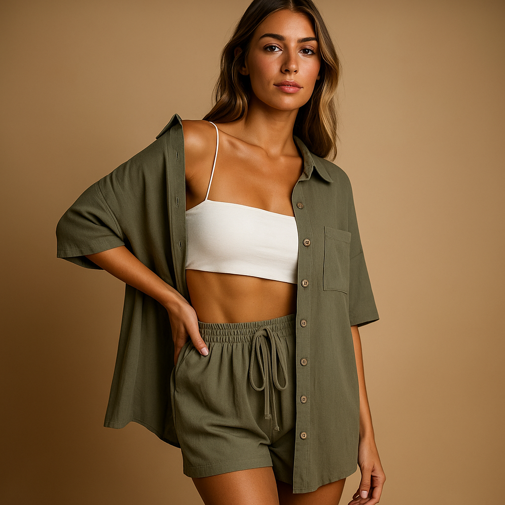 Women’s two-piece summer set with half-length cardigan and drawstring shorts, perfect for beach days, lounging, and everyday summer comfort.