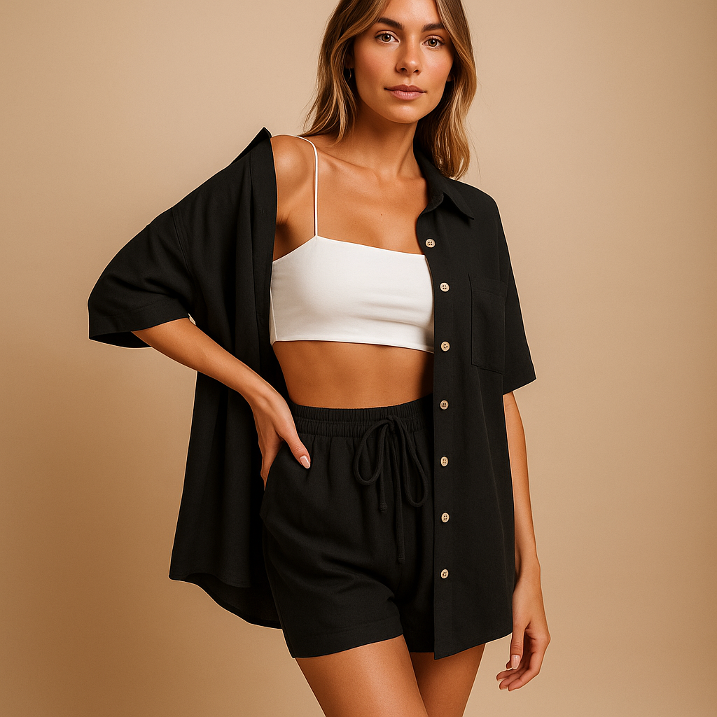 Women’s two-piece summer set with half-length cardigan and drawstring shorts, perfect for beach days, lounging, and everyday summer comfort.