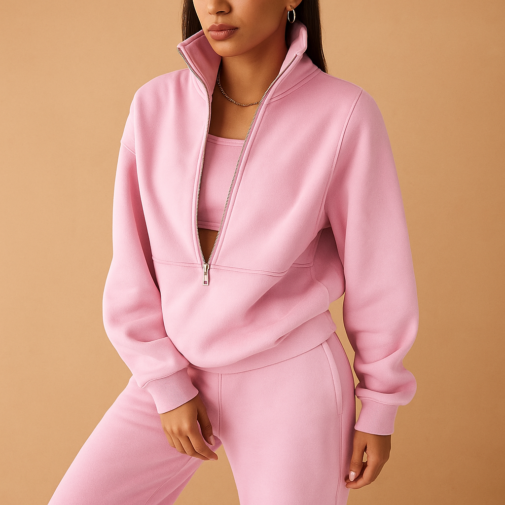 Women’s two-piece tracksuit with half-zip sweatshirt and joggers, perfect for casual days, lounging, or a sporty everyday look.