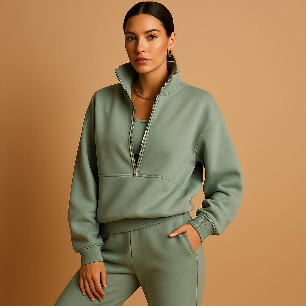 Women’s two-piece tracksuit with half-zip sweatshirt and joggers, perfect for casual days, lounging, or a sporty everyday look.