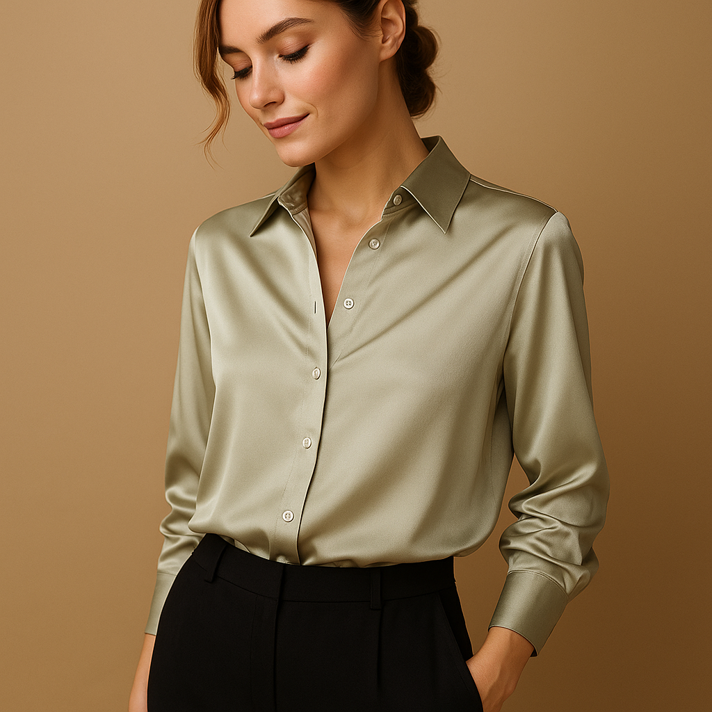 Elegant V-neck button blouse for women with a collar, available in soft neutral tones, perfect for both casual and formal occasions.