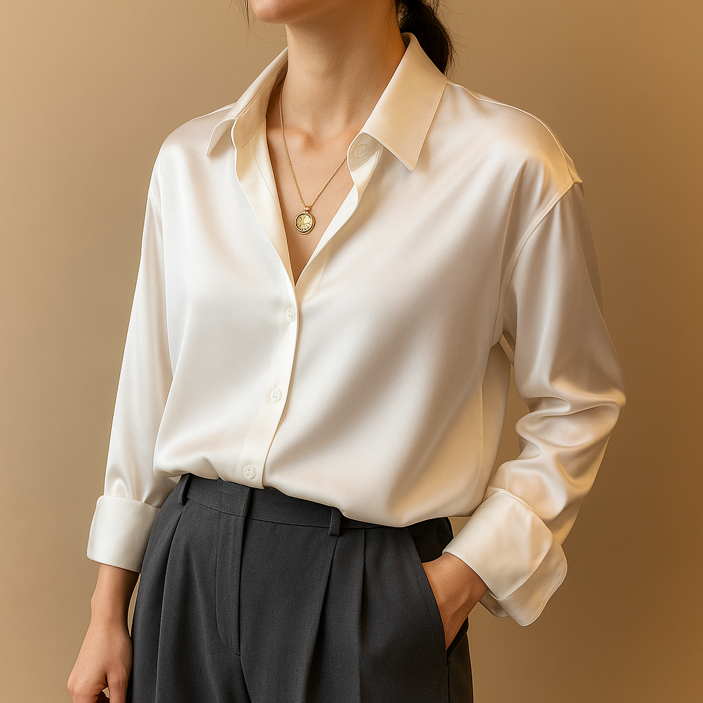 Elegant V-neck button blouse for women with a collar, available in soft neutral tones, perfect for both casual and formal occasions.