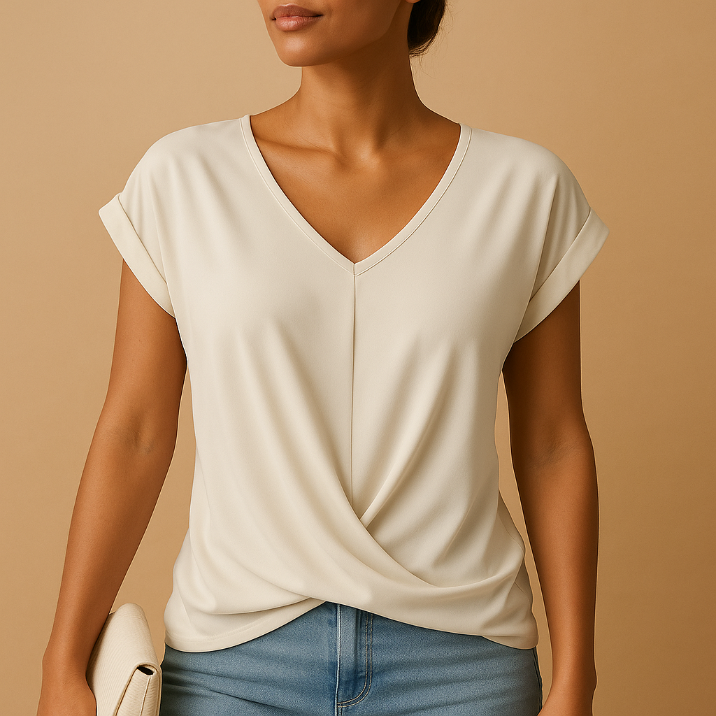 Woman wearing an elegant V-neck blouse for women, perfect for both work and casual occasions, featuring a timeless design.