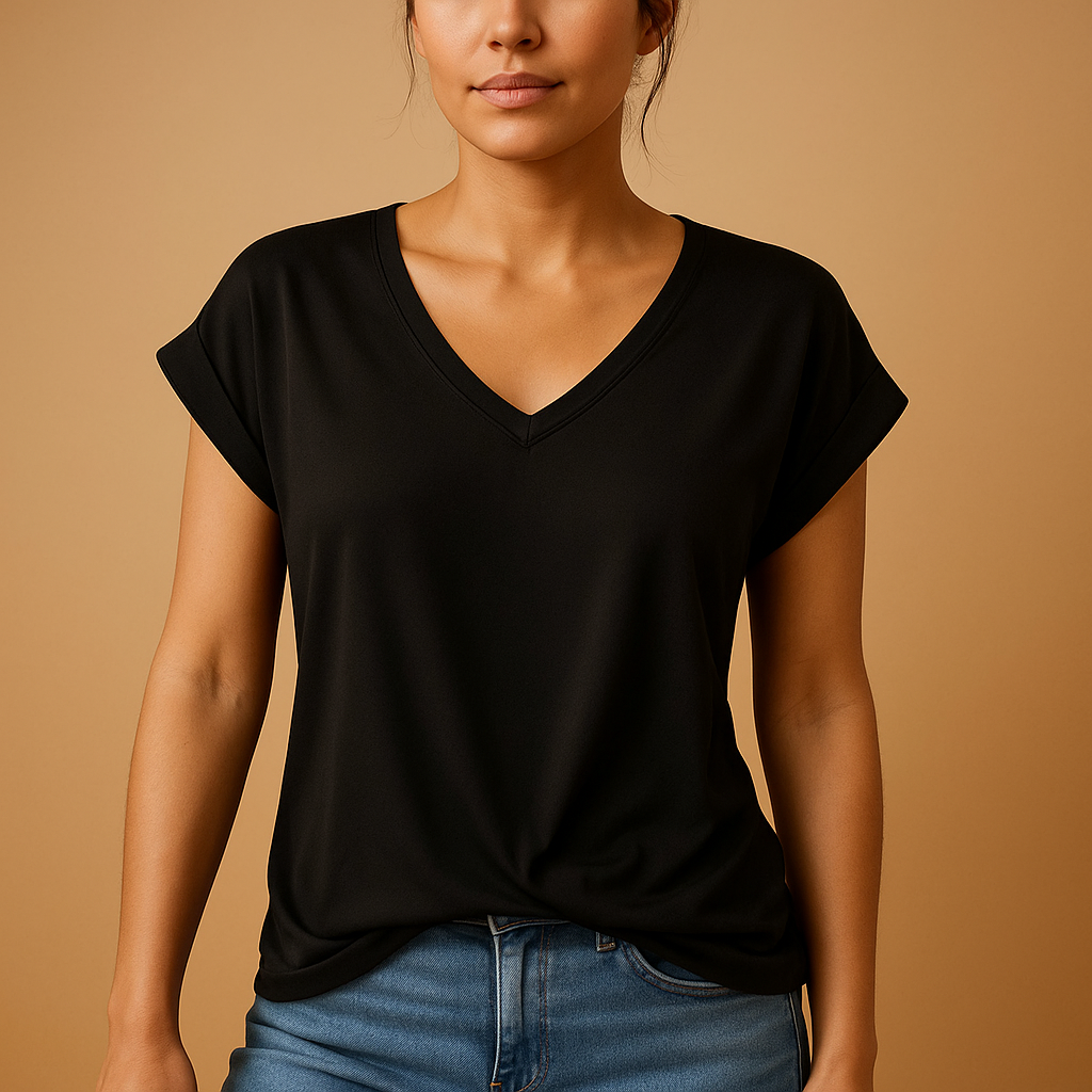 Woman wearing an elegant V-neck blouse for women, perfect for both work and casual occasions, featuring a timeless design.