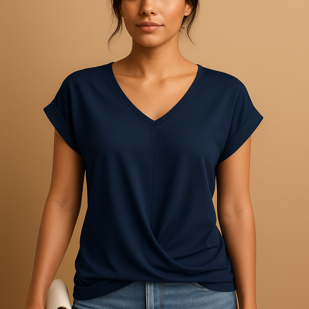 Woman wearing an elegant V-neck blouse for women, perfect for both work and casual occasions, featuring a timeless design.