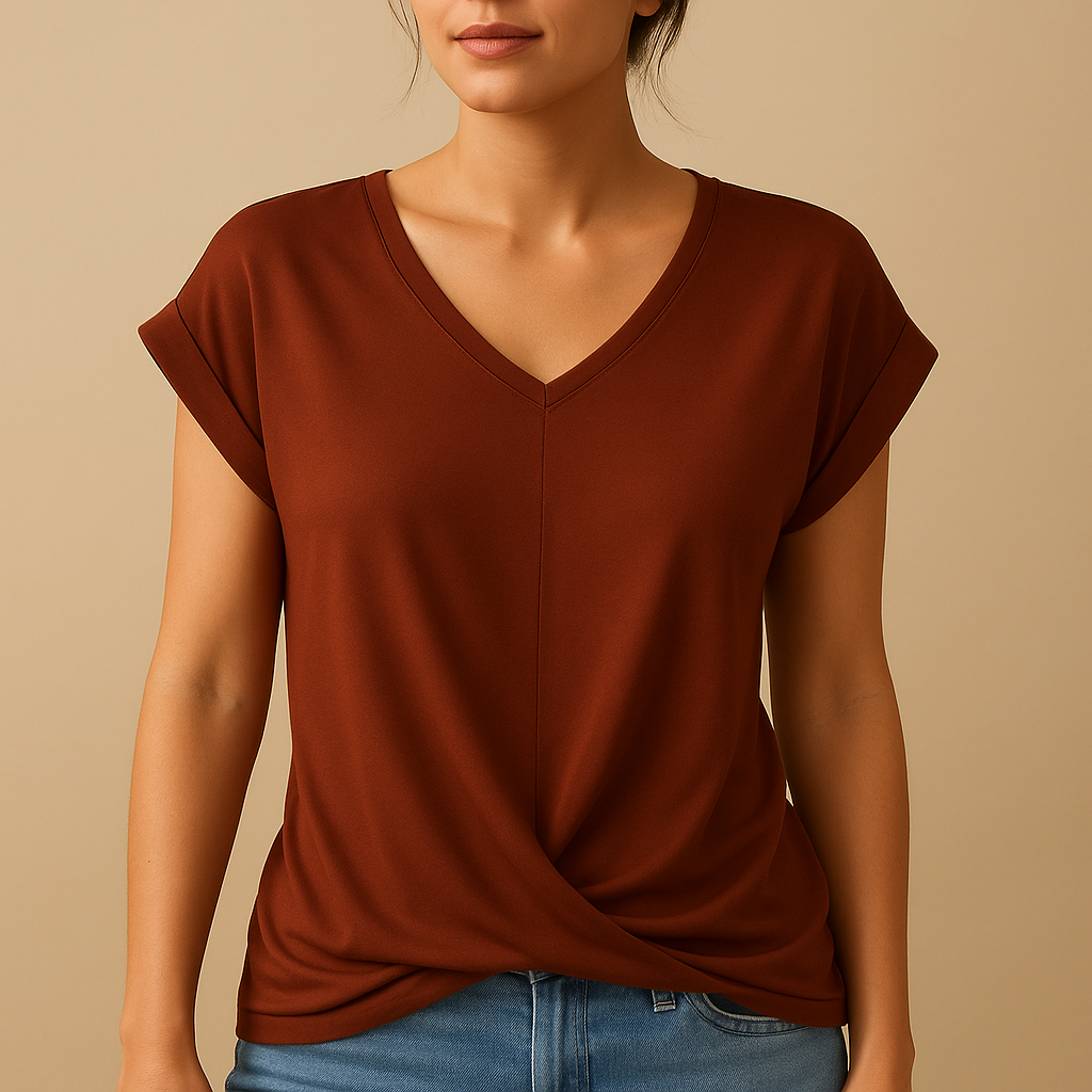 Woman wearing an elegant V-neck blouse for women, perfect for both work and casual occasions, featuring a timeless design.