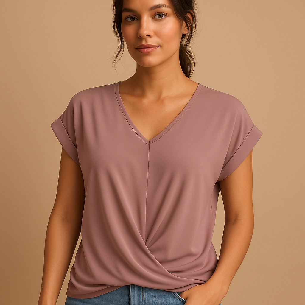 Woman wearing an elegant V-neck blouse for women, perfect for both work and casual occasions, featuring a timeless design.