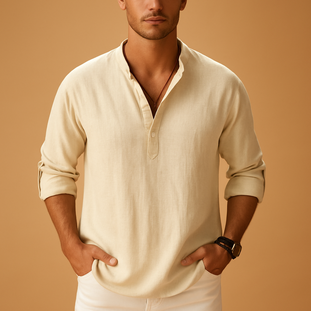 Lightweight V-neck long sleeve shirt for men in white, pink, navy, grey, blue, and black with breathable fabric and modern cut, perfect for summer and casual wear.