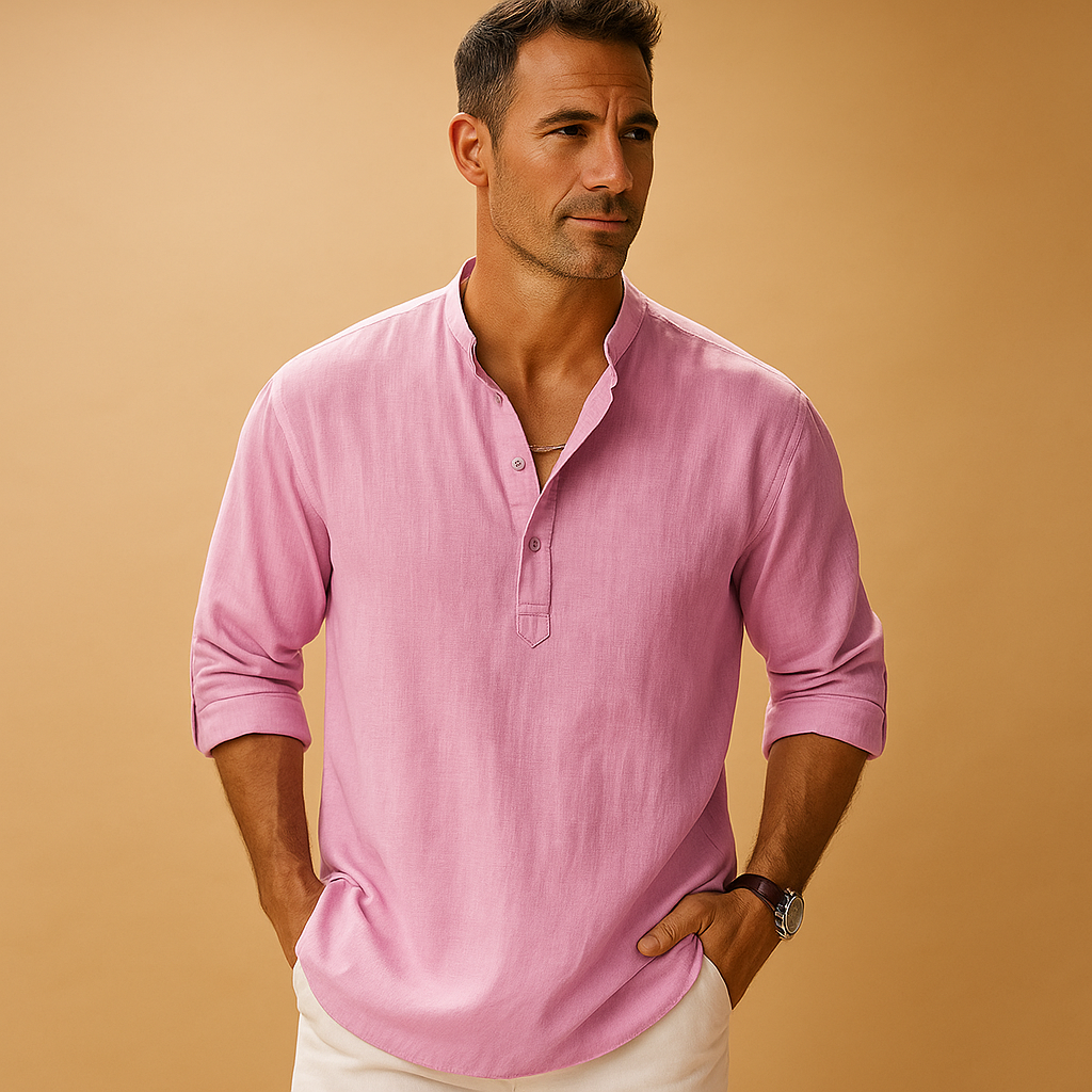 Lightweight V-neck long sleeve shirt for men in white, pink, navy, grey, blue, and black with breathable fabric and modern cut, perfect for summer and casual wear.