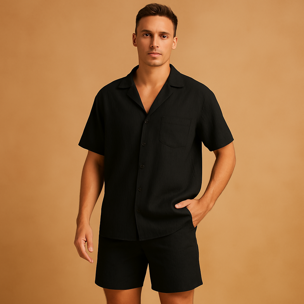 Stylish V-neck summer set for men with lapel collar shirt and elastic shorts, perfect for leisure, casual walks, and warm summer days.
