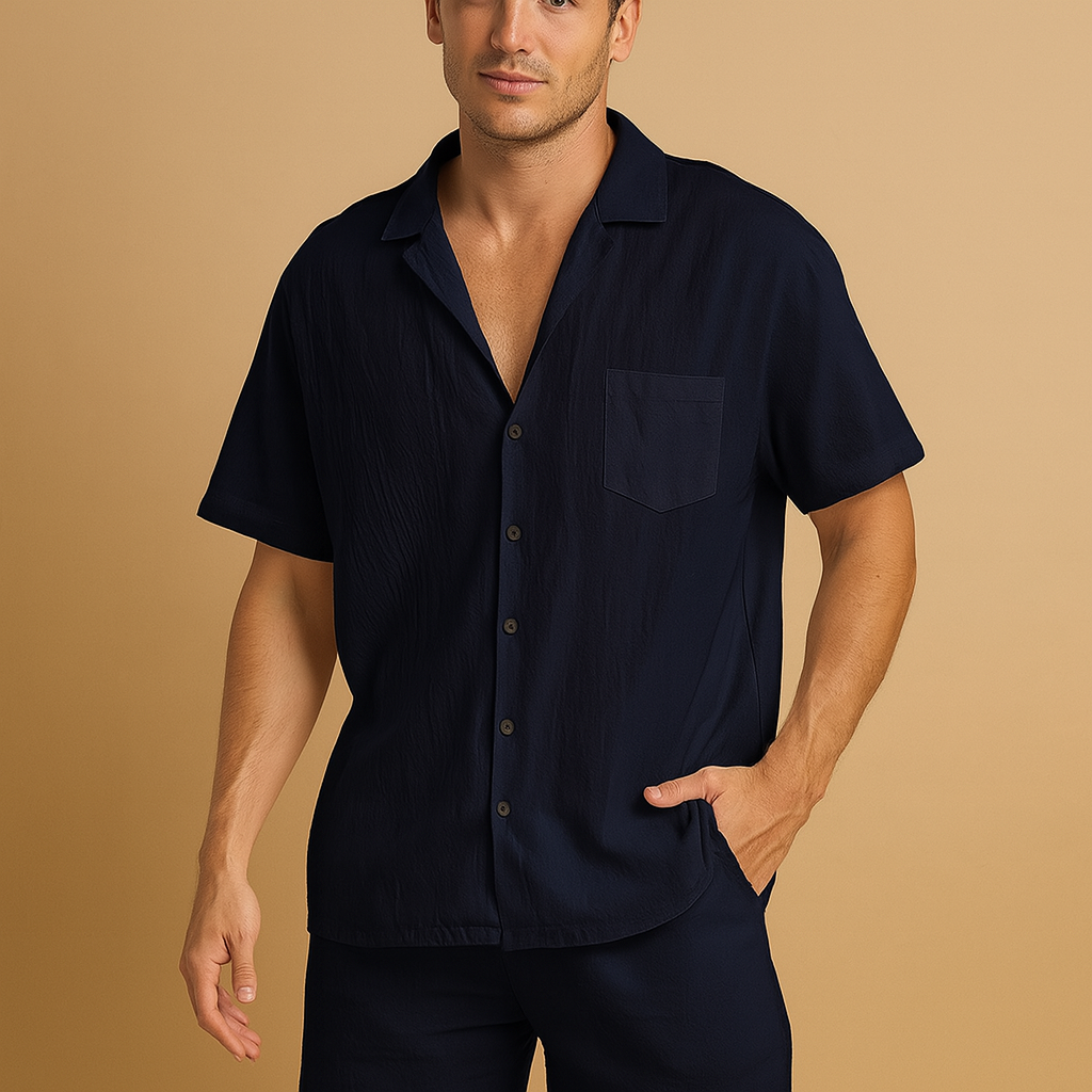 Stylish V-neck summer set for men with lapel collar shirt and elastic shorts, perfect for leisure, casual walks, and warm summer days.