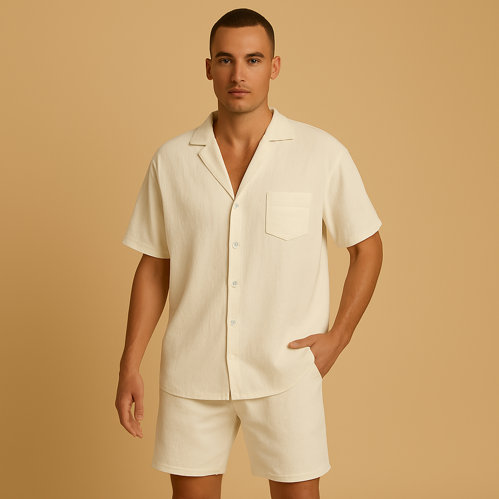 Stylish V-neck summer set for men with lapel collar shirt and elastic shorts, perfect for leisure, casual walks, and warm summer days.