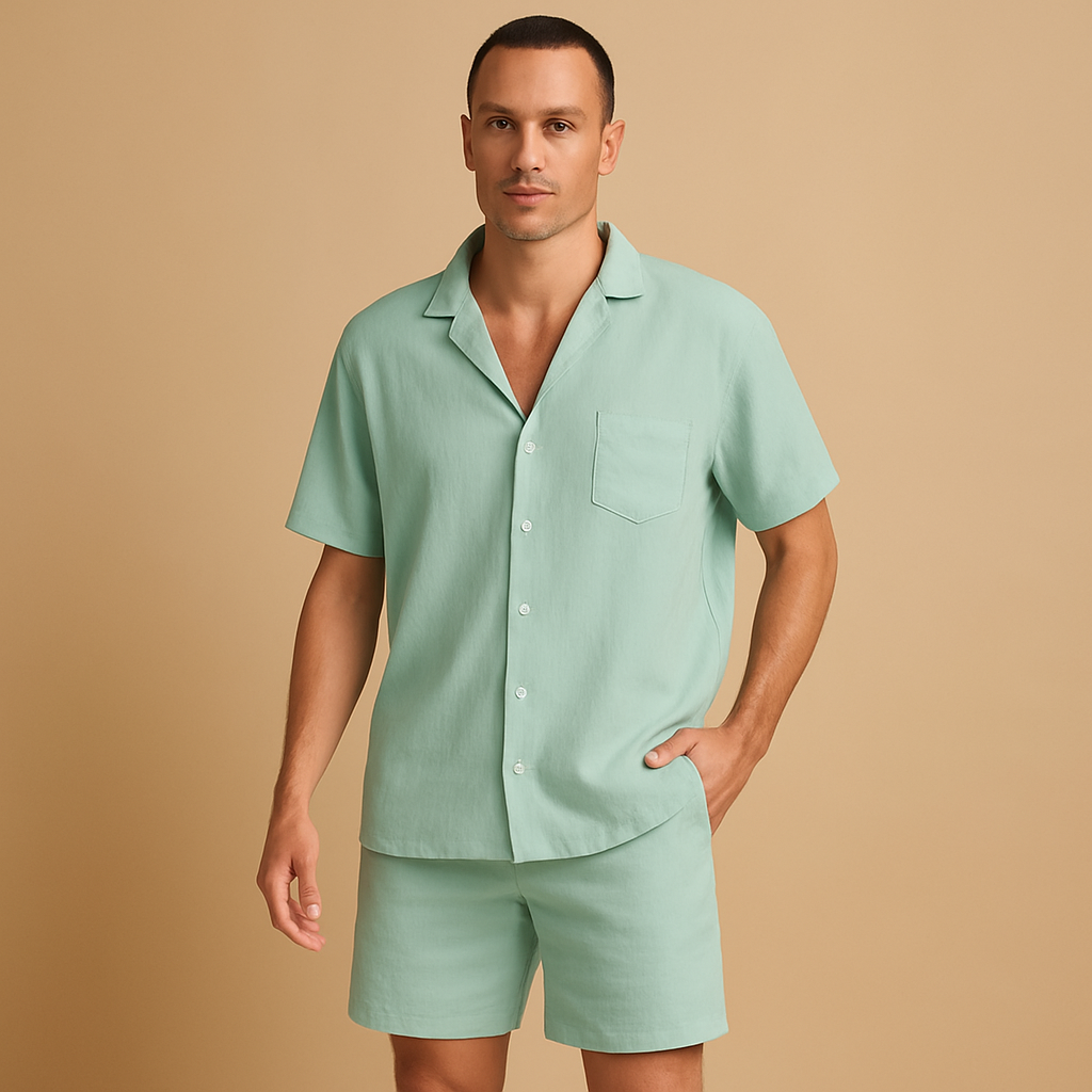 Stylish V-neck summer set for men with lapel collar shirt and elastic shorts, perfect for leisure, casual walks, and warm summer days.