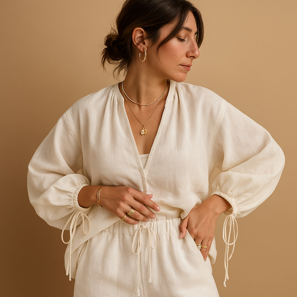 Women’s summer set with V-neck blouse and ruffled shorts, perfect for casual days, vacations, and stylish evenings out.