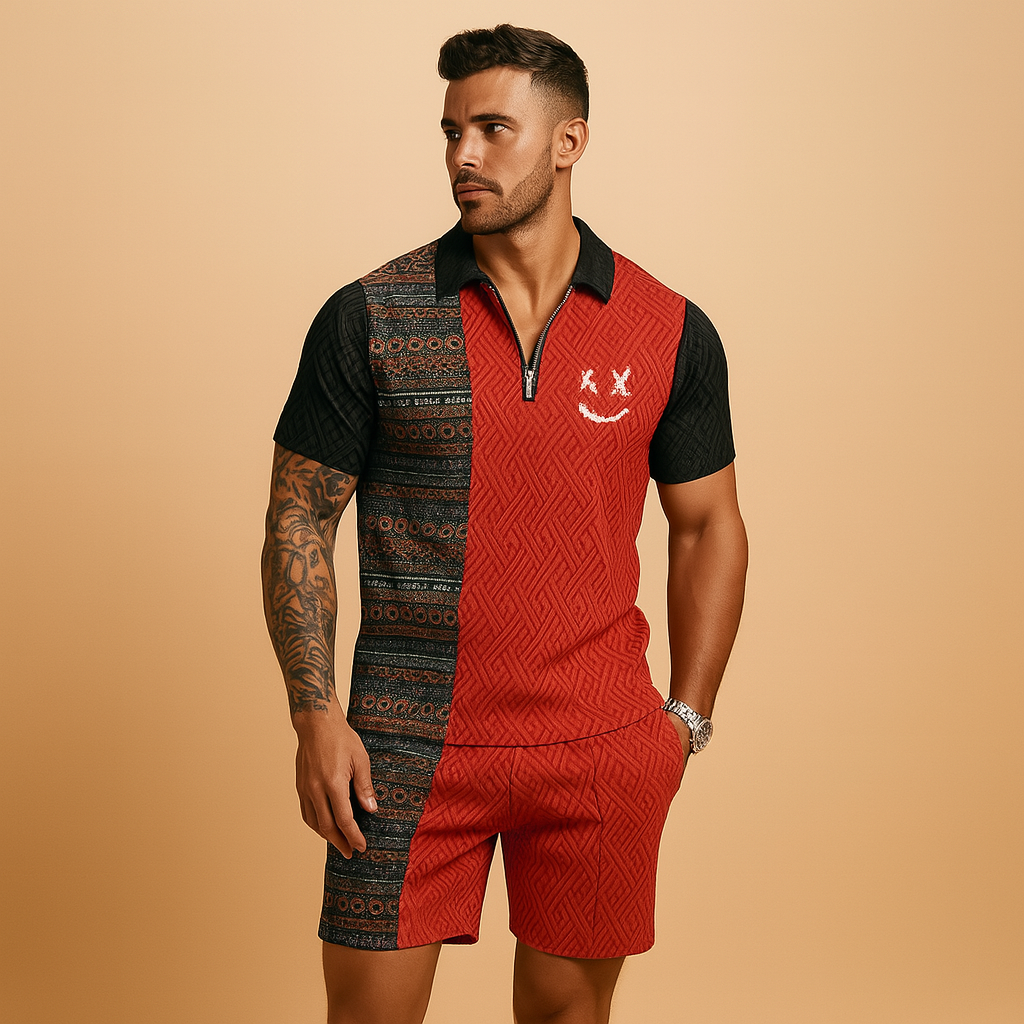 Vintage-inspired summer set for men with printed polo and shorts with pockets, perfect for holidays, casual wear, and warm summer days.