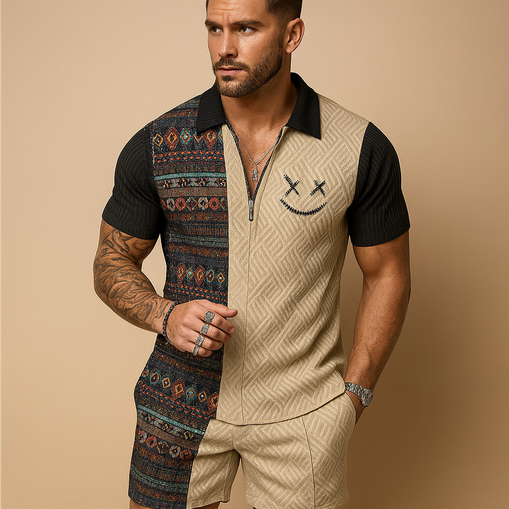 Vintage-inspired summer set for men with printed polo and shorts with pockets, perfect for holidays, casual wear, and warm summer days.