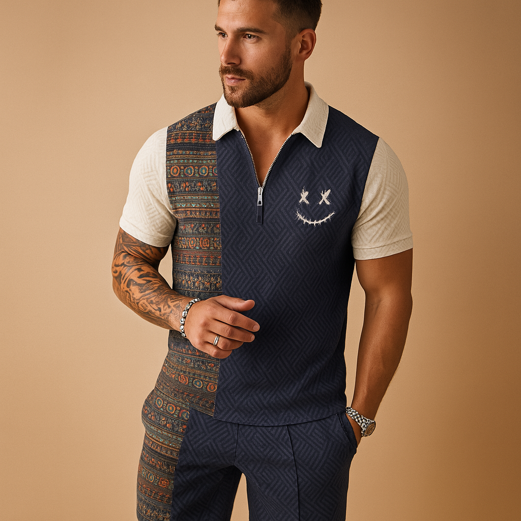 Vintage-inspired summer set for men with printed polo and shorts with pockets, perfect for holidays, casual wear, and warm summer days.