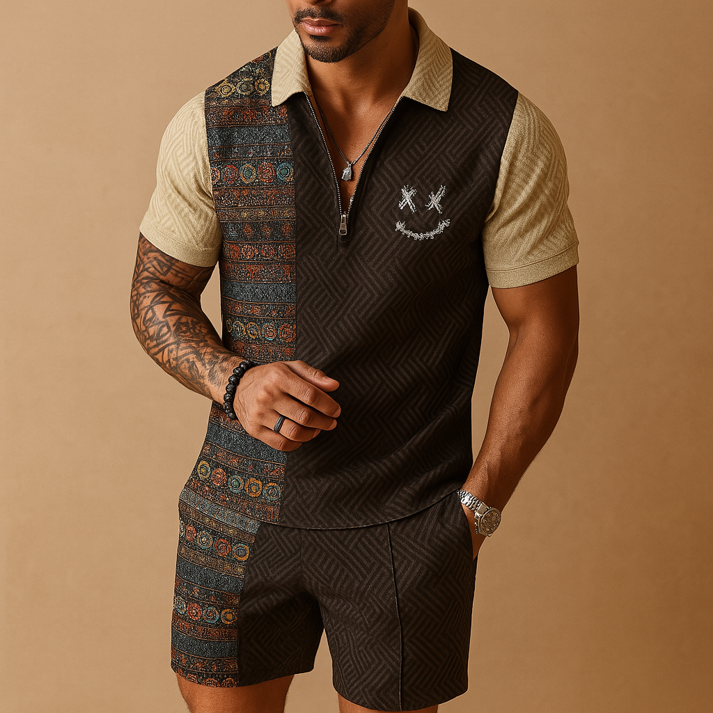 Vintage-inspired summer set for men with printed polo and shorts with pockets, perfect for holidays, casual wear, and warm summer days.