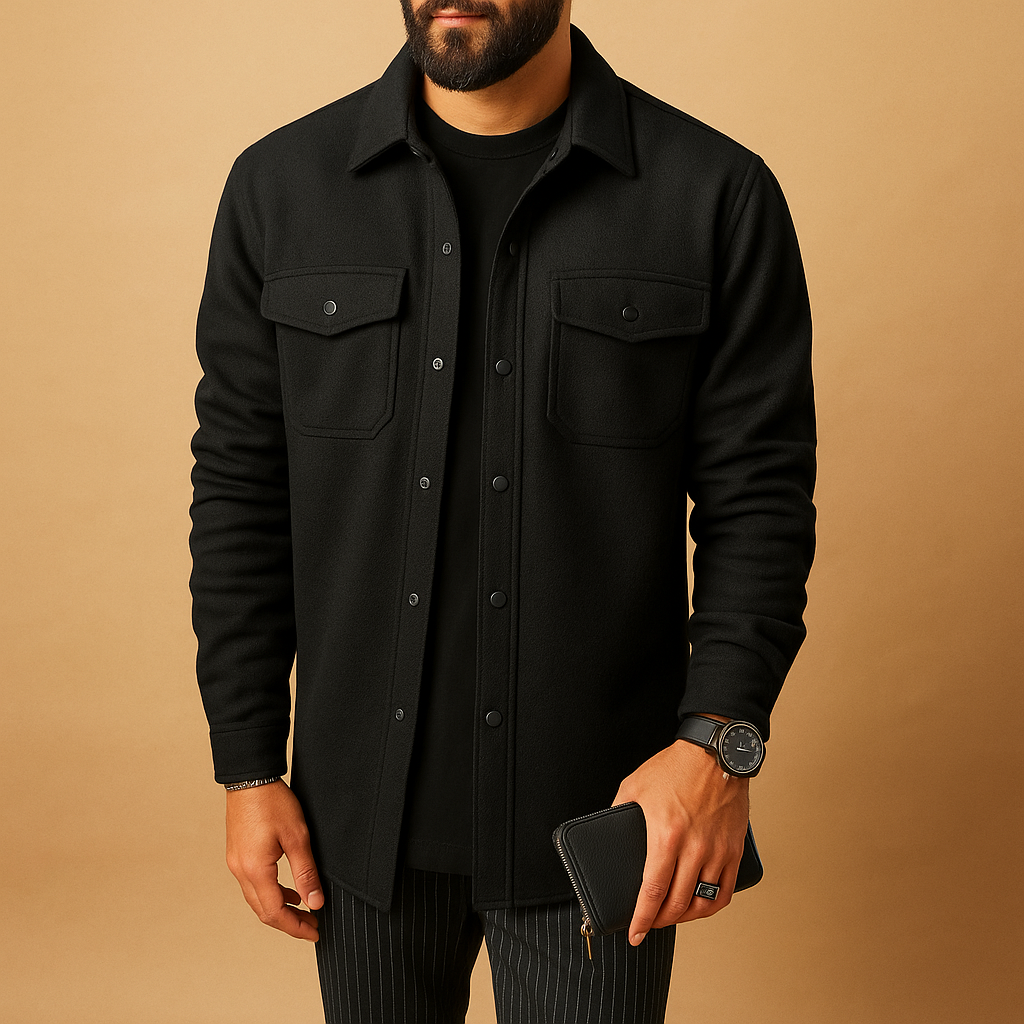Men’s warm flannel shirt Connor with long sleeves and button closure, available in apricot, black, grey, or yellow. Perfect for autumn and winter outfits.
