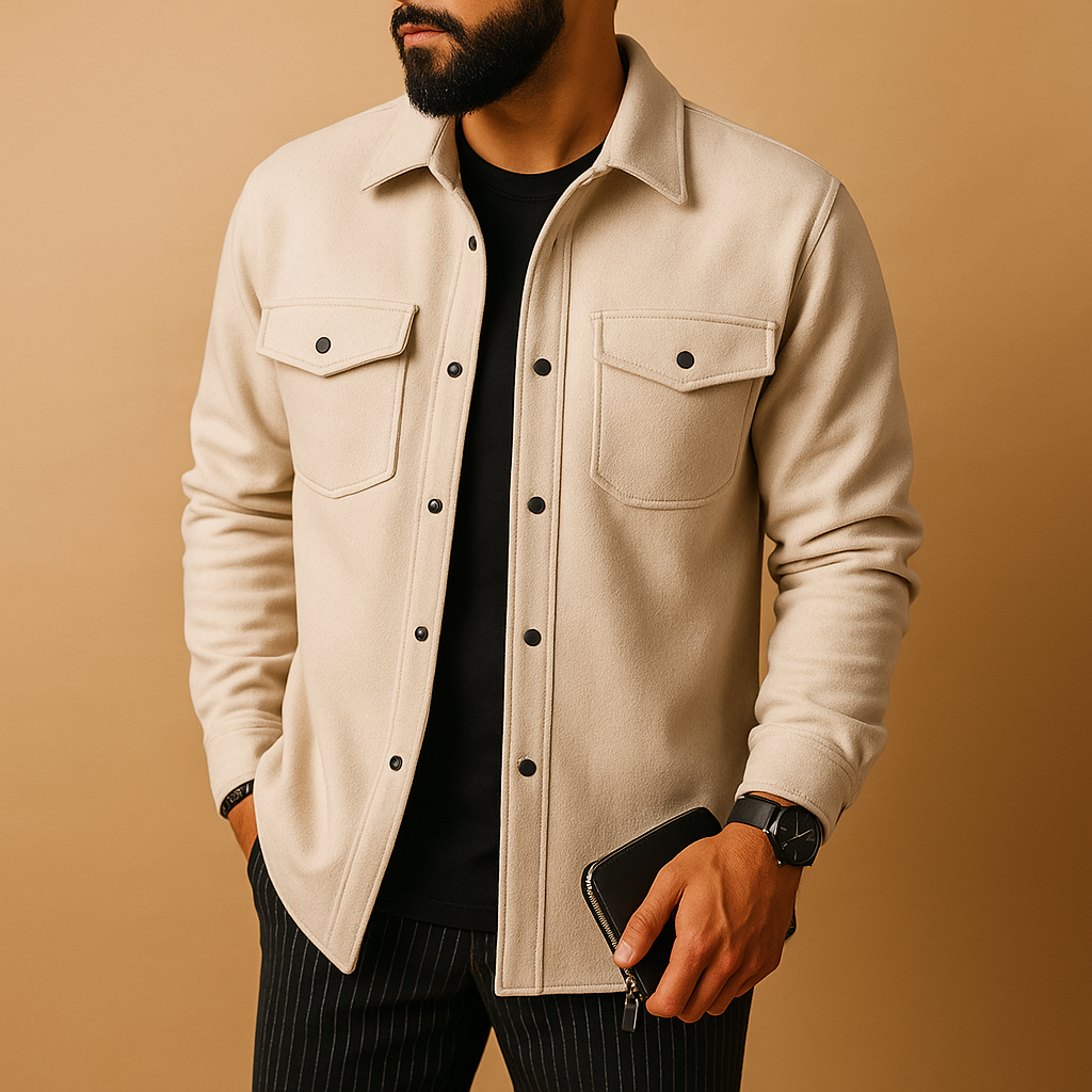 Men’s warm flannel shirt Connor with long sleeves and button closure, available in apricot, black, grey, or yellow. Perfect for autumn and winter outfits.