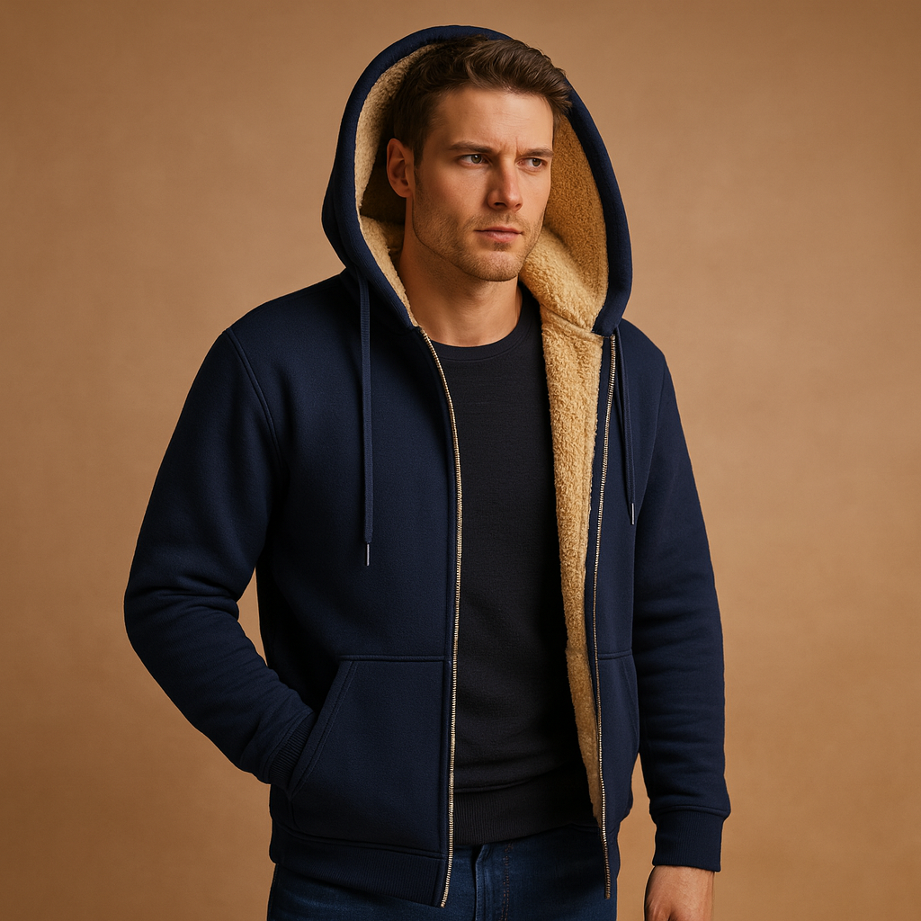 Men’s warm fleece sweater with faux fur lining, designed for comfort and timeless style during cold autumn and winter days.