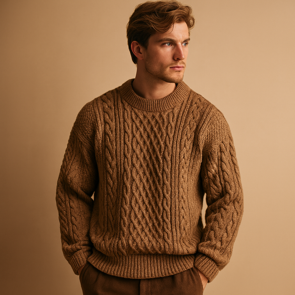 Men’s warm knitted sweater with relaxed fit and round neckline, perfect for casual autumn and winter outfits.