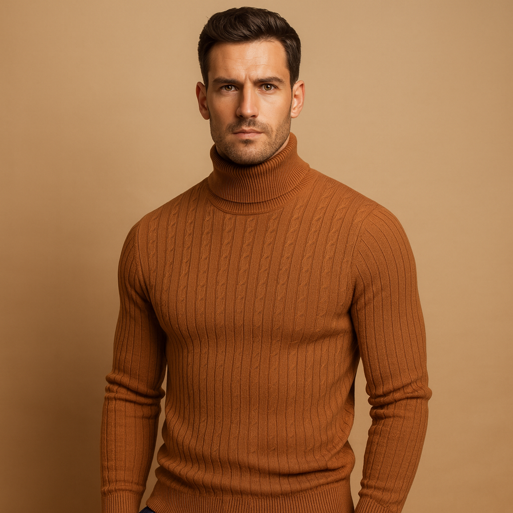 Men’s warm knitted turtleneck sweater with a classic fit, ideal for winter outfits and everyday comfort.