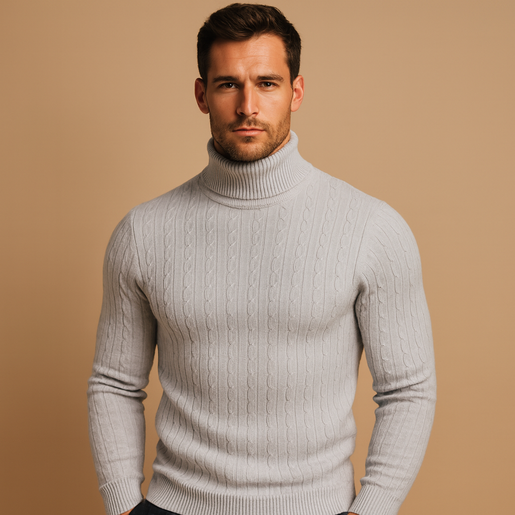 Men’s warm knitted turtleneck sweater with a classic fit, ideal for winter outfits and everyday comfort.