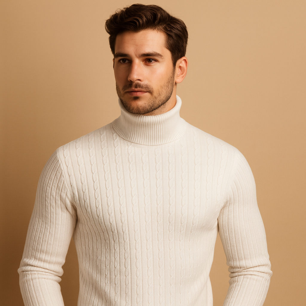 Men’s warm knitted turtleneck sweater with a classic fit, ideal for winter outfits and everyday comfort.