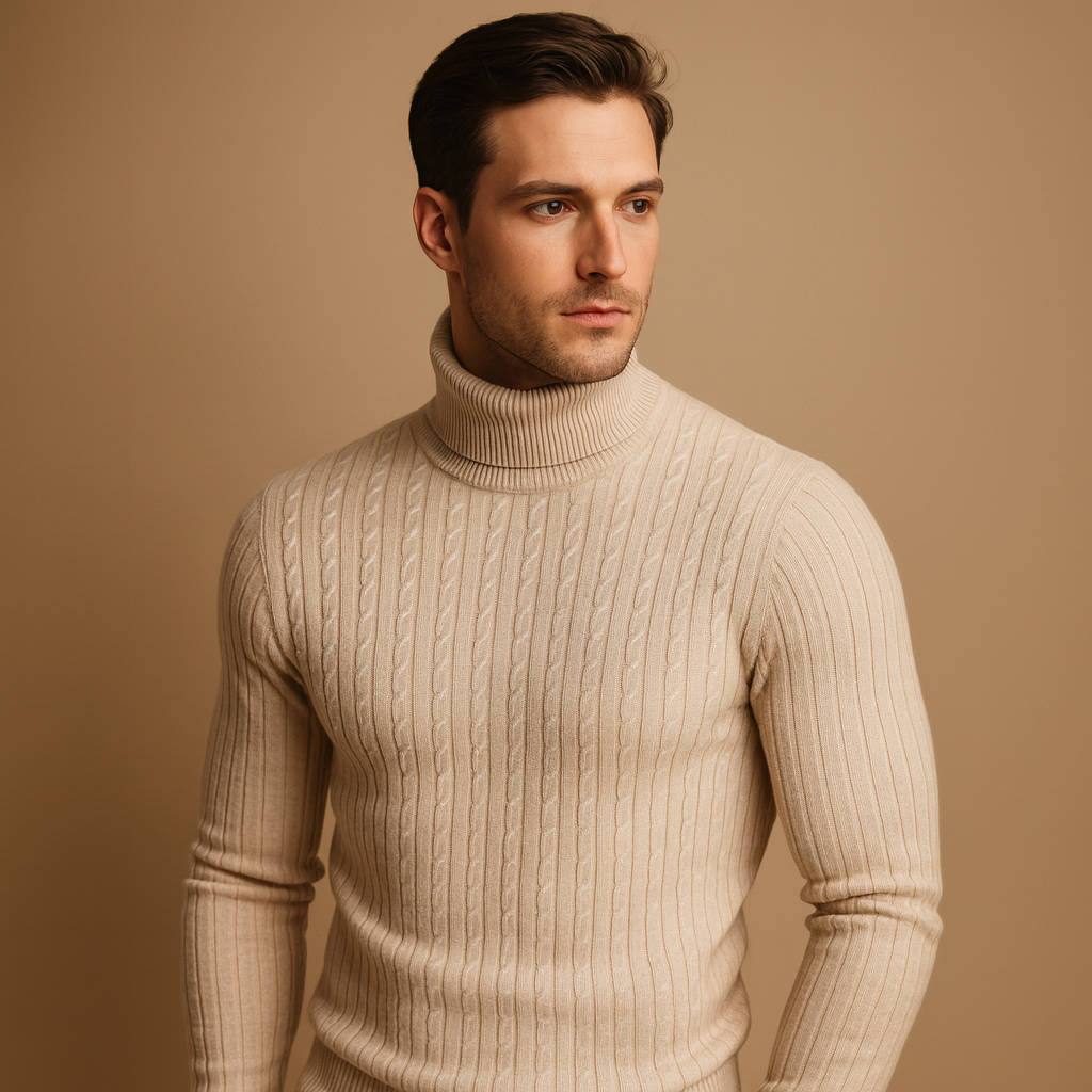 Men’s warm knitted turtleneck sweater with a classic fit, ideal for winter outfits and everyday comfort.