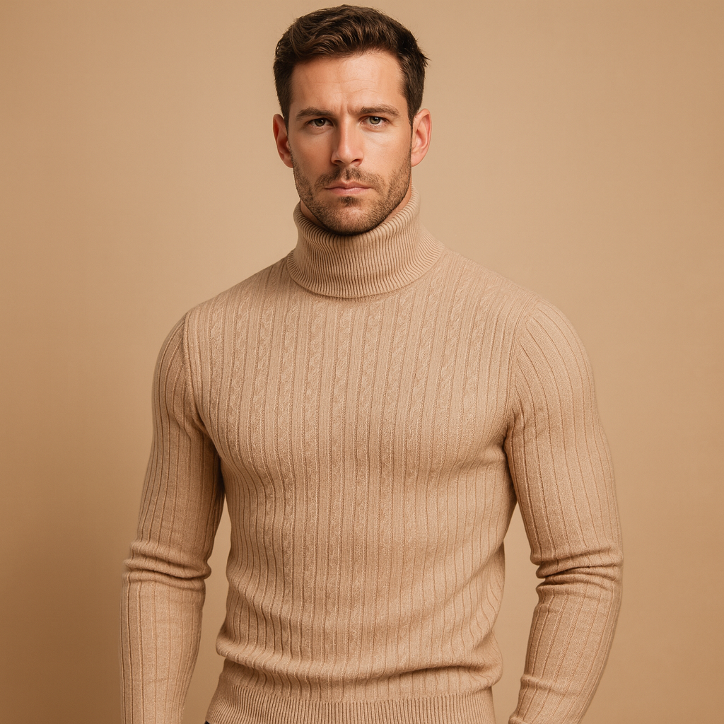 Men’s warm knitted turtleneck sweater with a classic fit, ideal for winter outfits and everyday comfort.