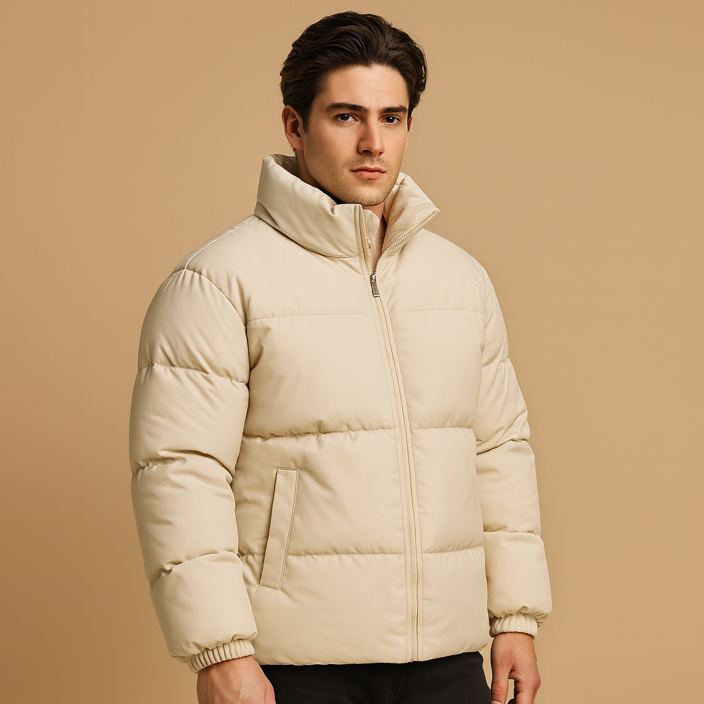 Men’s warm winter coat with high collar and premium insulation, perfect for cold weather and stylish winter outfits.