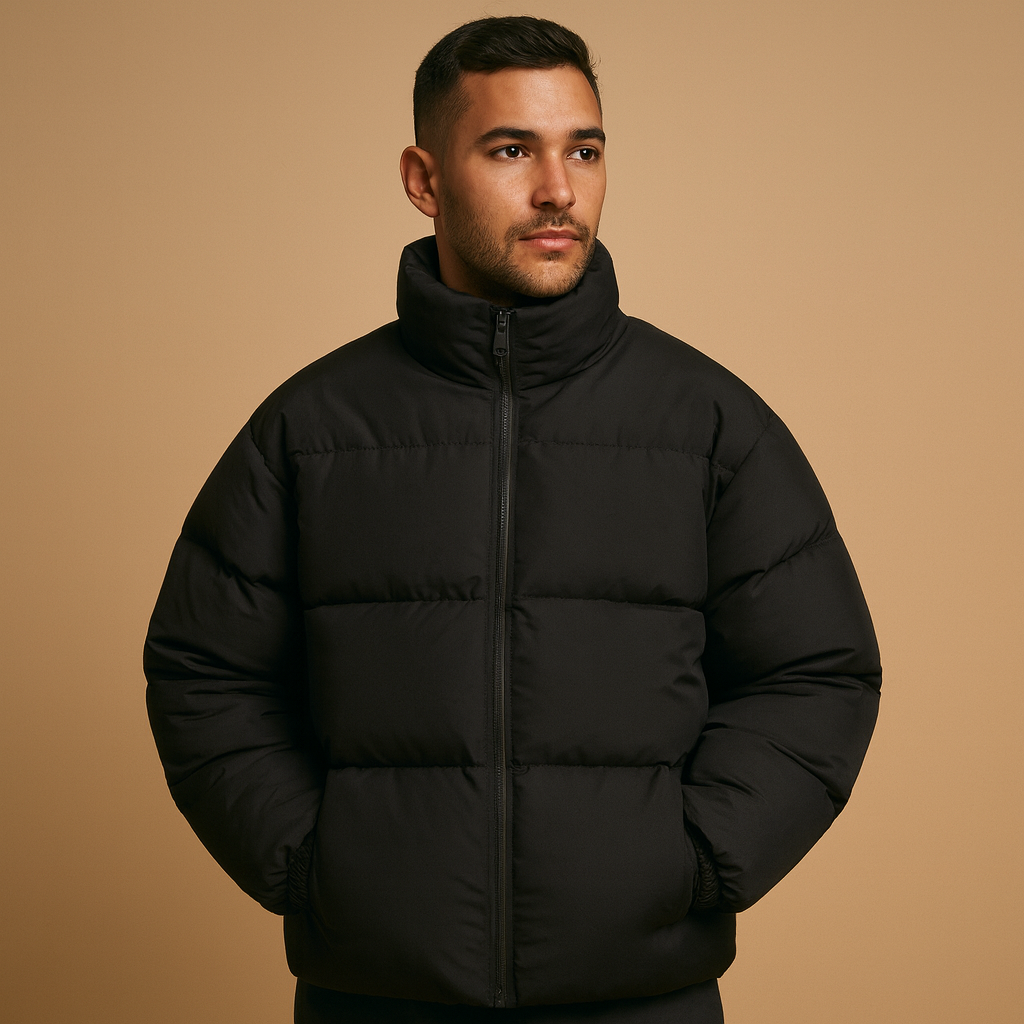Men’s warm winter coat with high collar and premium insulation, perfect for cold weather and stylish winter outfits.