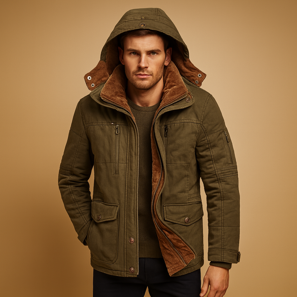Men’s warm winter jacket with hood and thick inner lining, designed for cold, windy, and rainy days. Perfect for casual and outdoor wear.