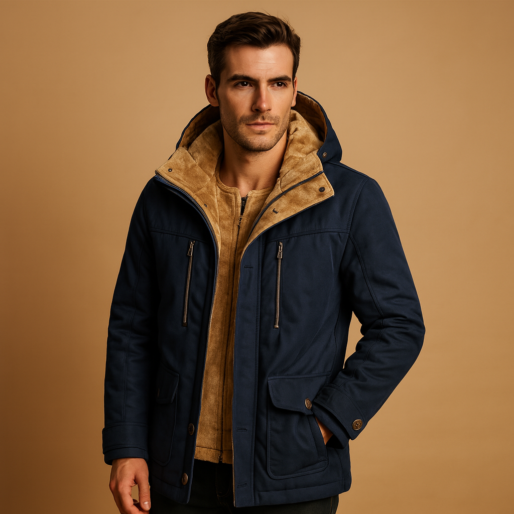 Men’s warm winter jacket with hood and thick inner lining, designed for cold, windy, and rainy days. Perfect for casual and outdoor wear.